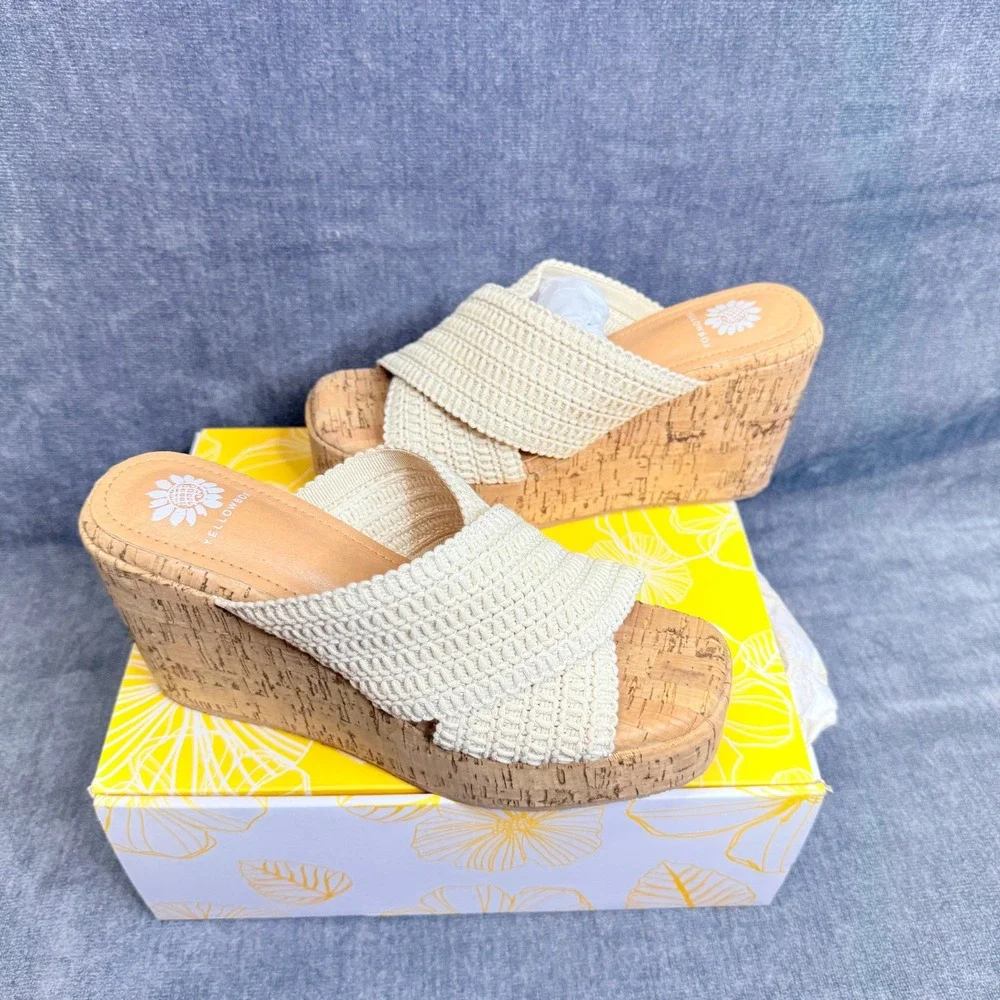 Yellow Box Halva Sandals Womens 7 Natural Woven Cork High Wedge Platform Slide